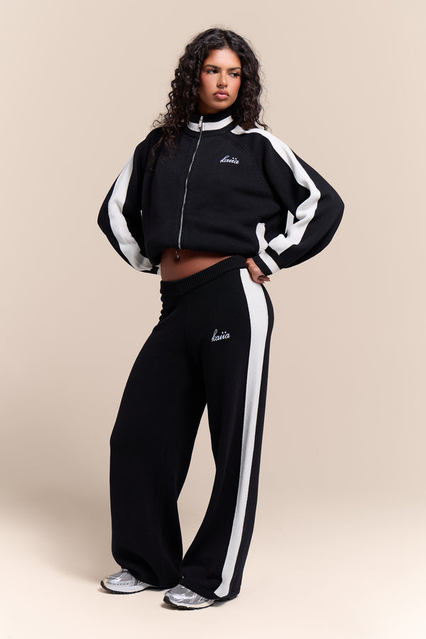 Kaiia Knit Sport Stripe Wide Leg Trousers Black & White