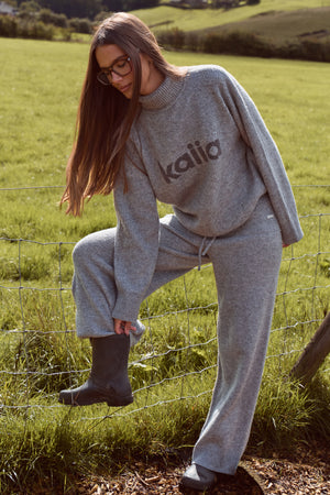 Kaiia Knit Wide Leg Trousers Grey Marl