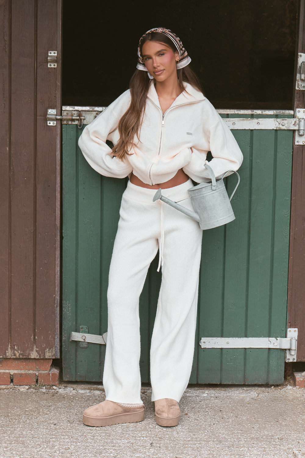 Kaiia Knit Wide Leg Trousers Cream