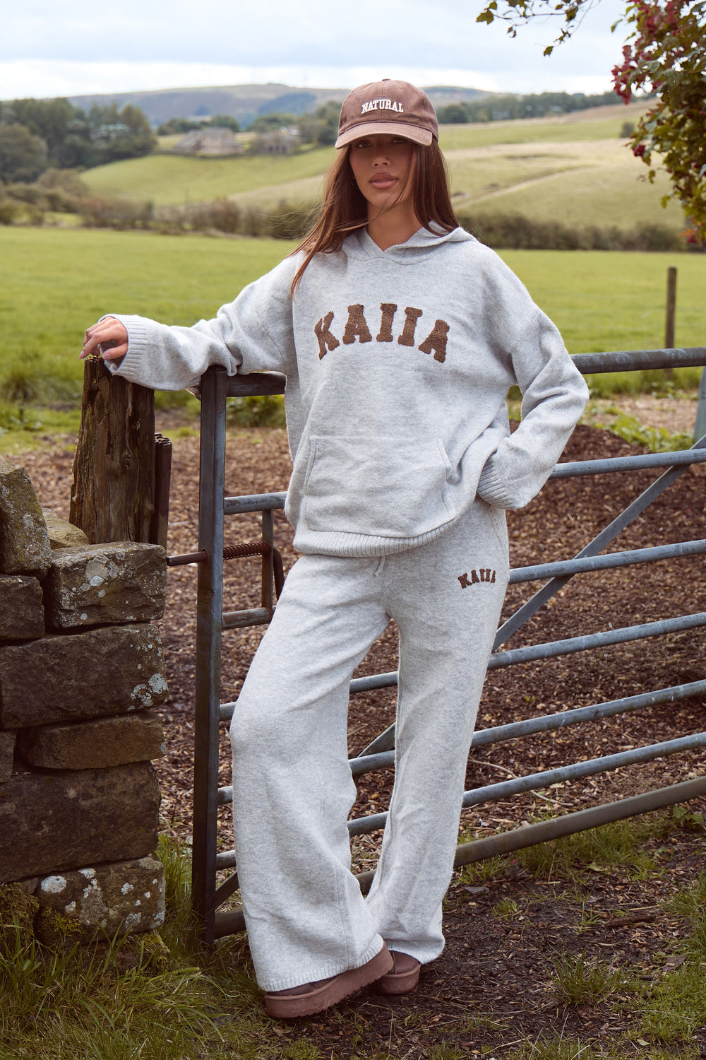 Kaiia Knit Wide Leg Joggers Grey & Chocolate