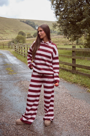 Kaiia Knit Striped Wide Leg Joggers Dark Cherry & Pink
