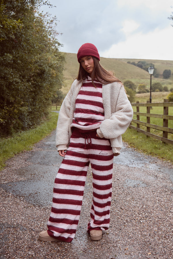 Kaiia Knit Striped Wide Leg Joggers Dark Cherry & Pink