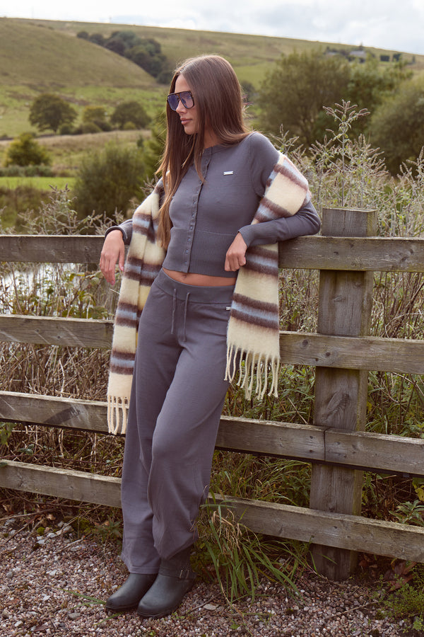 Kaiia Lightweight Knit Wide Leg Trousers Charcoal