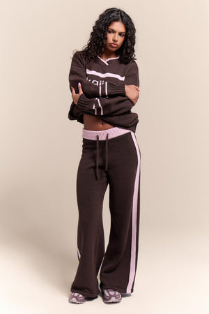 Kaiia Knit Side Stripe Wide Leg Trousers Chocolate & Pink