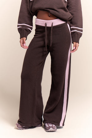 Kaiia Knit Side Stripe Wide Leg Trousers Chocolate & Pink