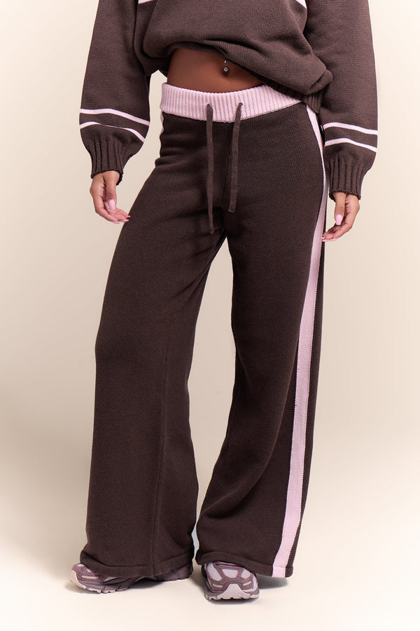 Kaiia Knit Side Stripe Wide Leg Trousers Chocolate & Pink