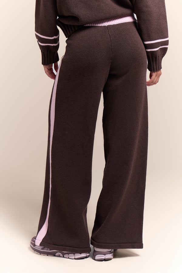 Kaiia Knit Side Stripe Wide Leg Trousers Chocolate & Pink