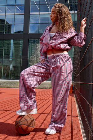 Kaiia Woven Check Double Waistband Straight Leg Trousers Deep Red