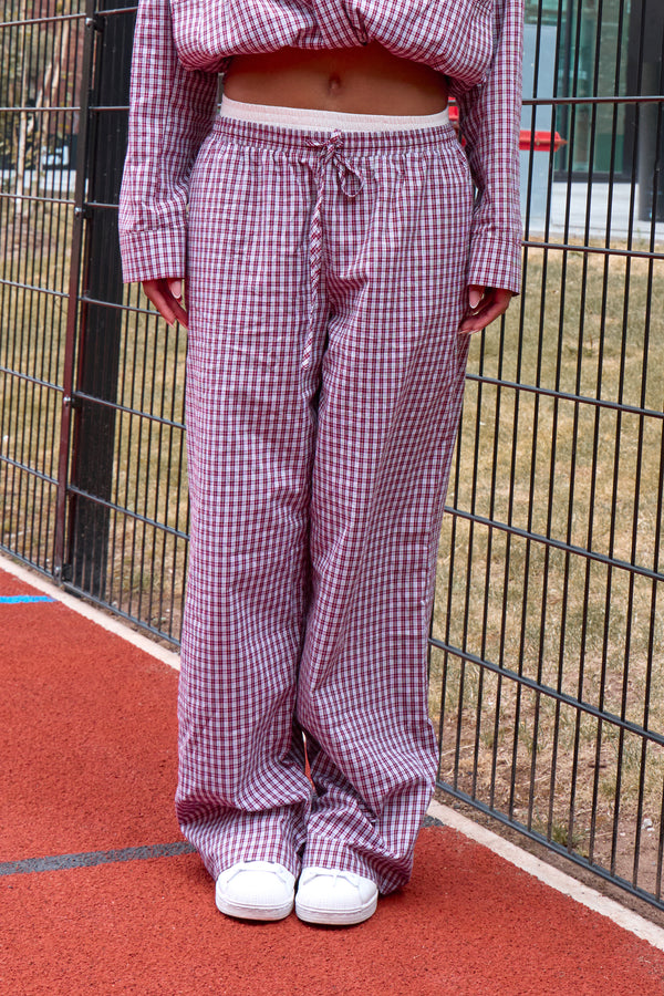 Kaiia Woven Check Double Waistband Straight Leg Trousers Deep Red