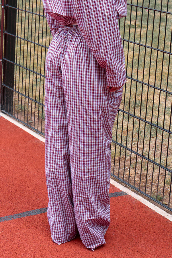 Kaiia Woven Check Double Waistband Straight Leg Trousers Deep Red