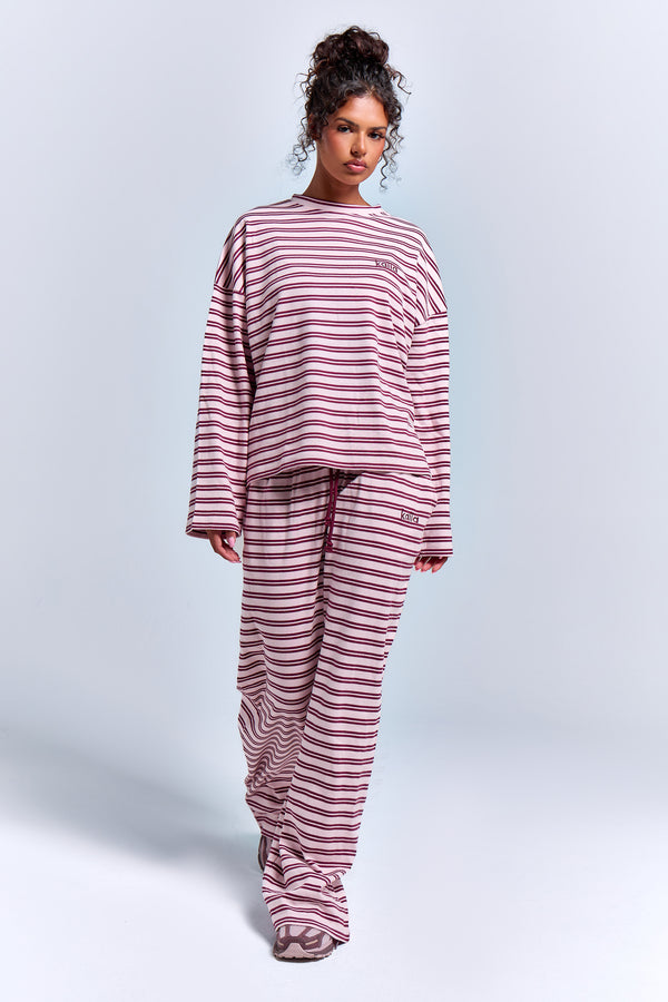 Kaiia Interlock Stripe Wide Leg Joggers Pink Chai & Burgundy