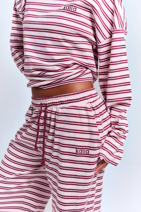 Kaiia Interlock Stripe Wide Leg Joggers Pink Chai & Burgundy