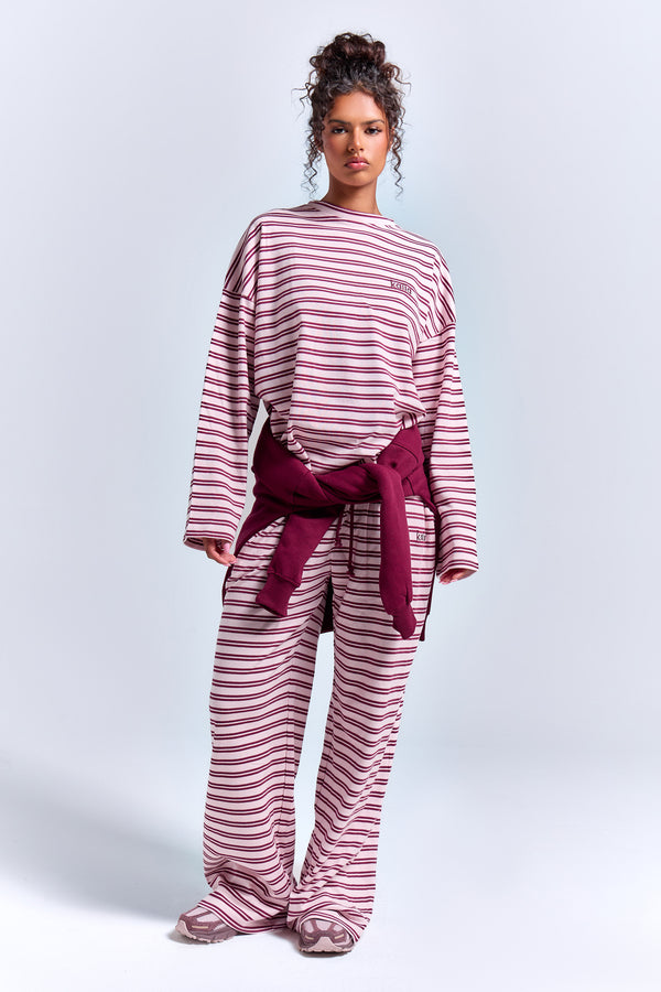 Kaiia Interlock Stripe Wide Leg Joggers Pink Chai & Burgundy