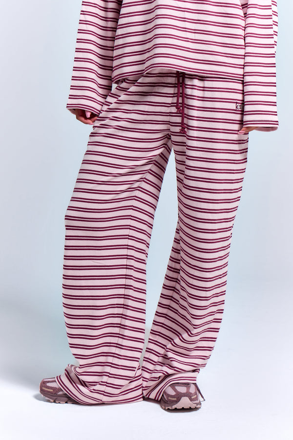 Kaiia Interlock Stripe Wide Leg Joggers Pink Chai & Burgundy