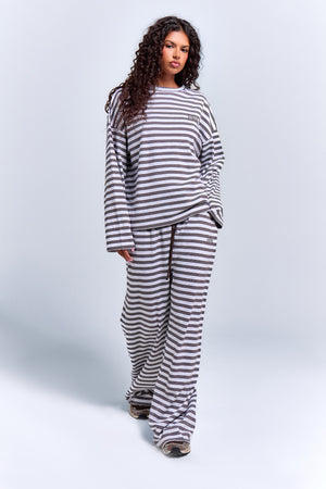 Kaiia Interlock Stripe Wide Leg Joggers Light Grey Marl & Chocolate