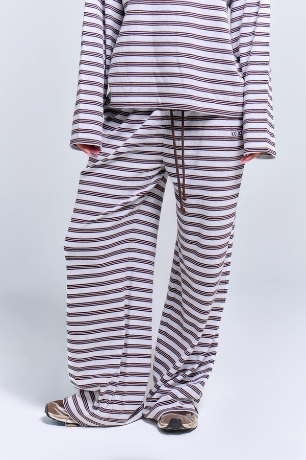 Kaiia Interlock Stripe Wide Leg Joggers Light Grey Marl & Chocolate