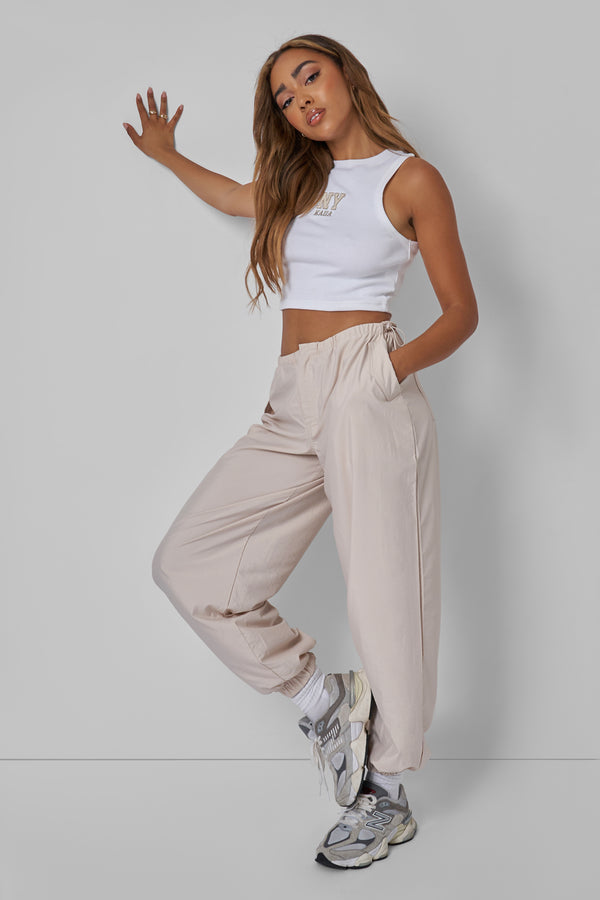 DRAWSTRING WAIST PARACHUTE CARGO TROUSERS STONE