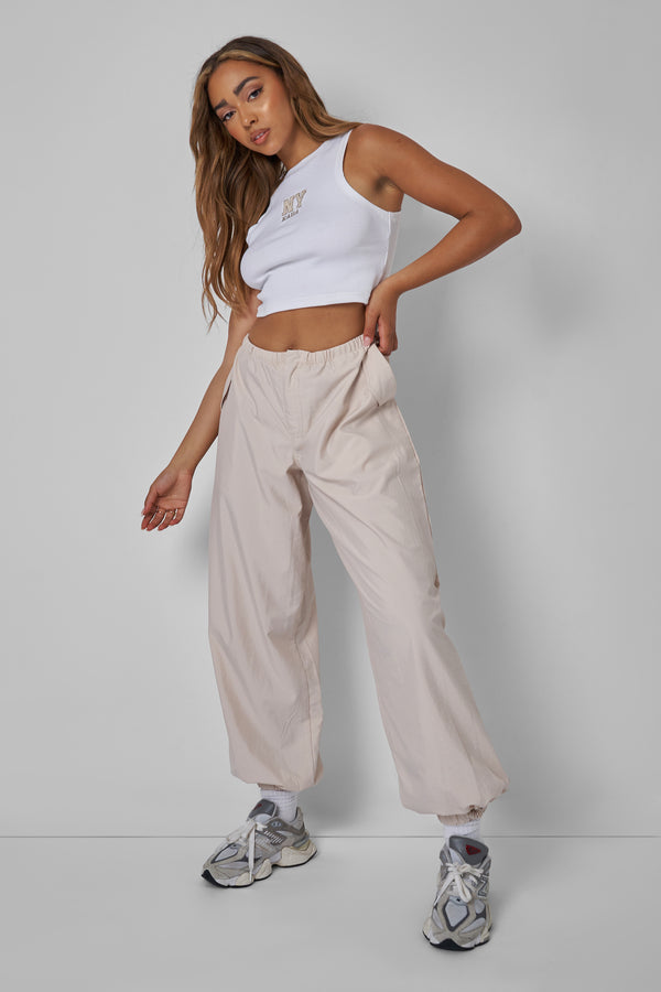 DRAWSTRING WAIST PARACHUTE CARGO TROUSERS STONE