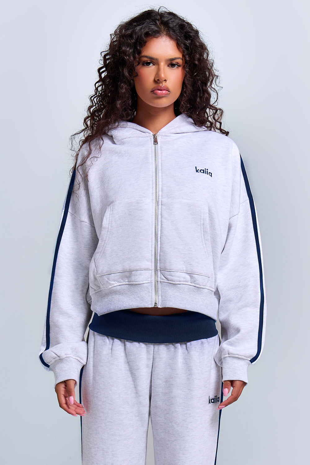 Kaiia Sport Side Stripe Oversized Zip Through Hoodie Light Grey Marl & Navy