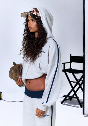 Kaiia Sport Side Stripe Oversized Zip Through Hoodie Light Grey Marl & Navy
