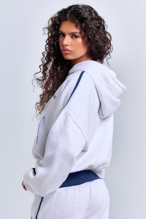 Kaiia Sport Side Stripe Oversized Zip Through Hoodie Light Grey Marl & Navy
