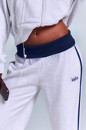 Kaiia Sport Side Stripe Foldover Wide Leg Joggers Light Grey Marl & Navy
