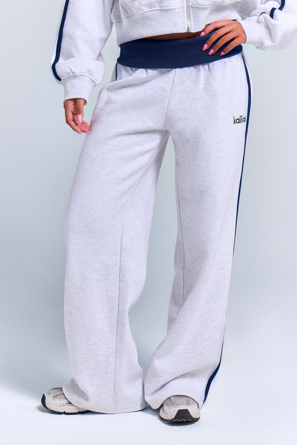 Kaiia Sport Side Stripe Foldover Wide Leg Joggers Light Grey Marl & Navy