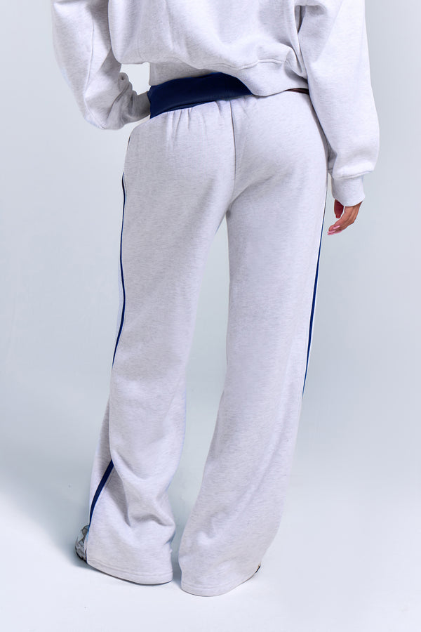 Kaiia Sport Side Stripe Foldover Wide Leg Joggers Light Grey Marl & Navy