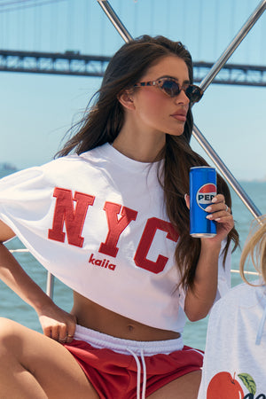 Kaiia NYC Print Oversized T-Shirt White & Red Apple