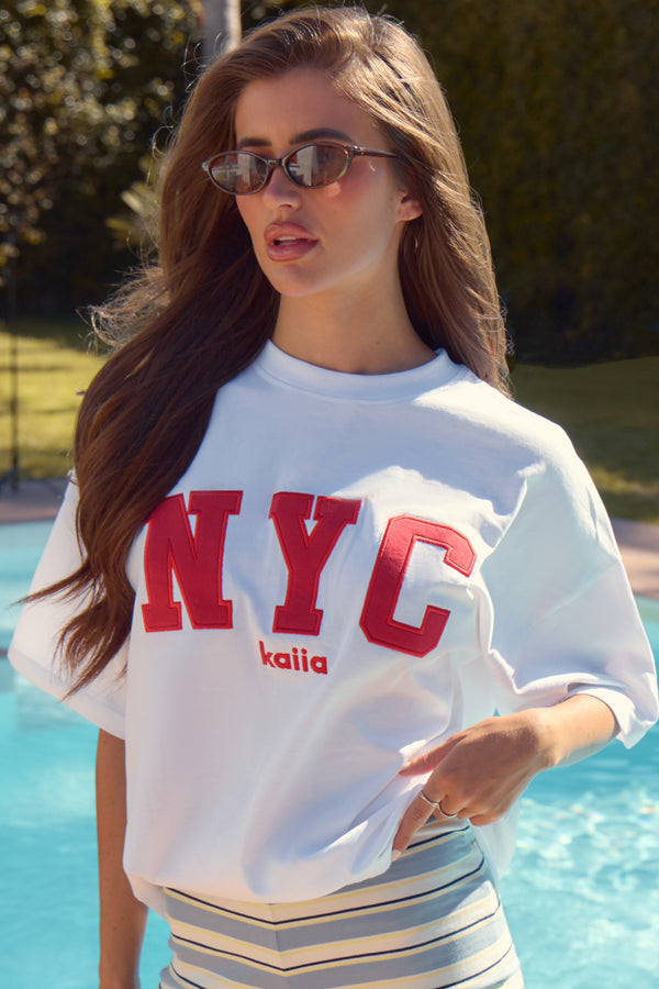 Kaiia NYC Print Oversized T-Shirt White & Red Apple