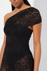 Kaiia One Shoulder Lace Ruched Mini Dress in Black