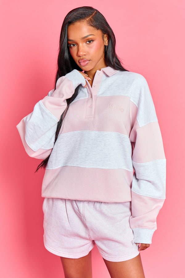 Kaiia Striped Oversized Rugby Sweatshirt Light Grey Marl & Pink Chai