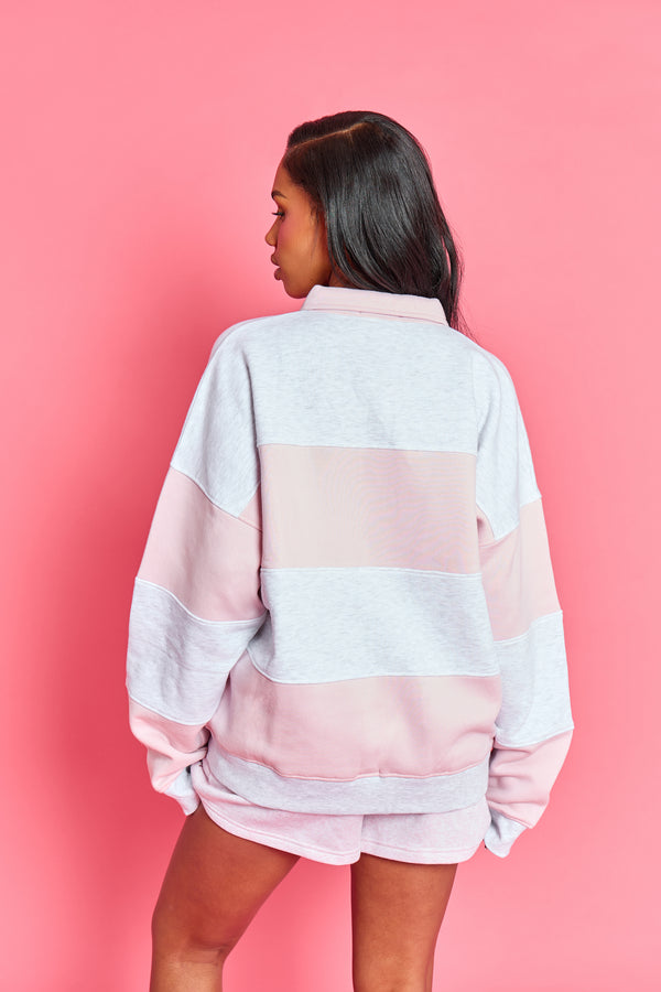 Kaiia Striped Oversized Rugby Sweatshirt Light Grey Marl & Pink Chai