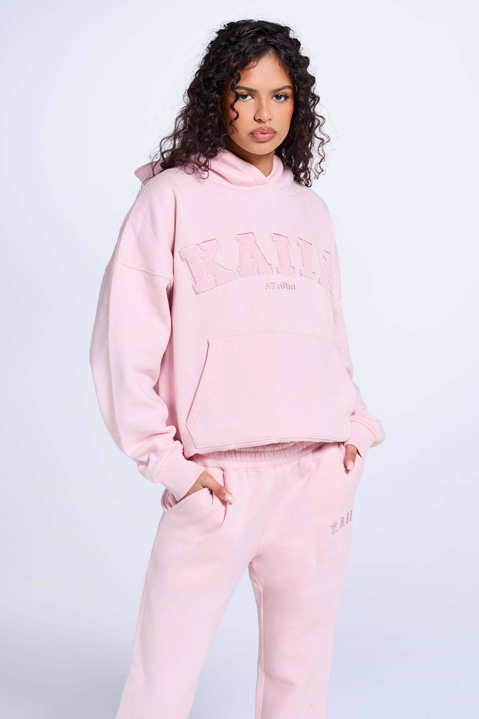 Kaiia Studio Borg Slogan Oversized Hoodie Pink Chai | Kaiia