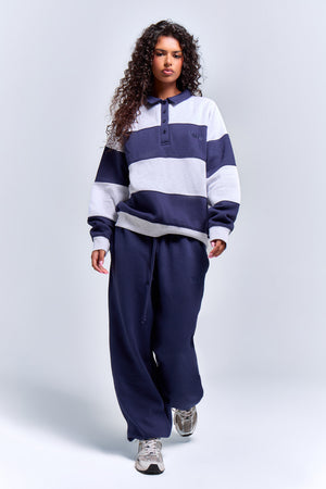 Kaiia Striped Oversized Rugby Sweatshirt Navy & Grey Marl