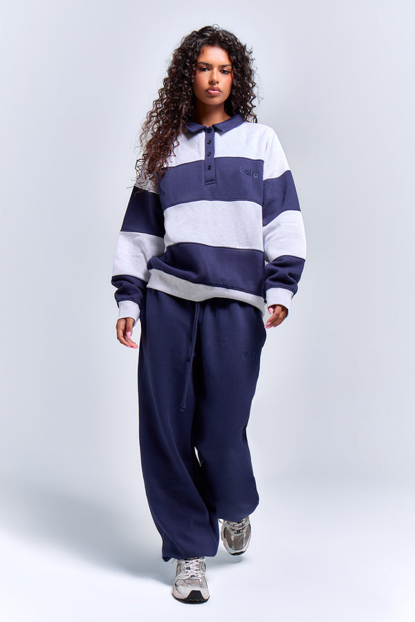 Kaiia Striped Oversized Rugby Sweatshirt Navy & Grey Marl