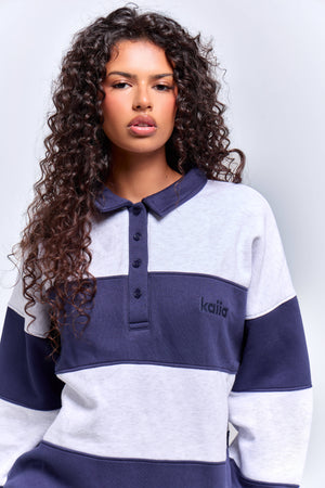 Kaiia Striped Oversized Rugby Sweatshirt Navy & Grey Marl