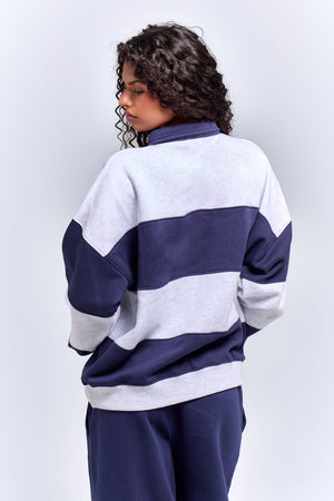 Kaiia Striped Oversized Rugby Sweatshirt Navy & Grey Marl
