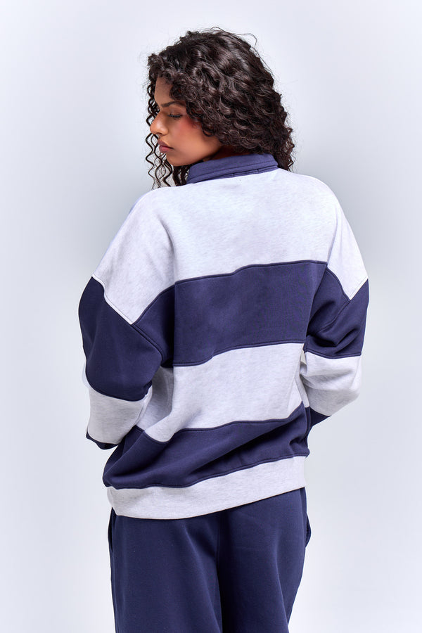 Kaiia Striped Oversized Rugby Sweatshirt Navy & Grey Marl