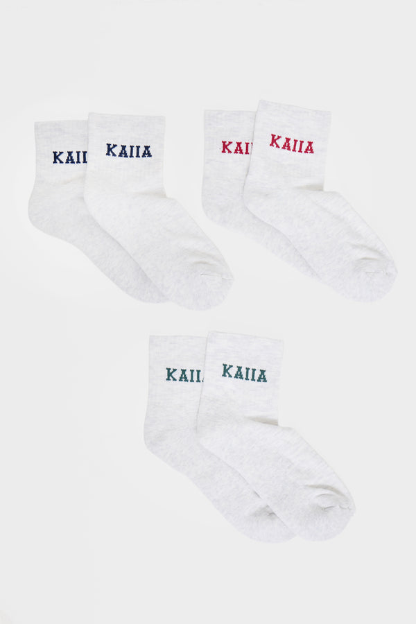 Pack of Three Kaiia Slogan Socks Light Grey Marl