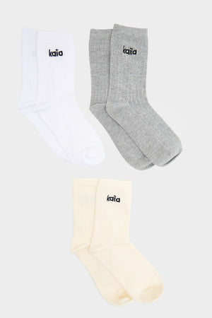 Kaiia Pack Of Three Logo Ribbed Cosy Socks White, Cream & Grey Marl