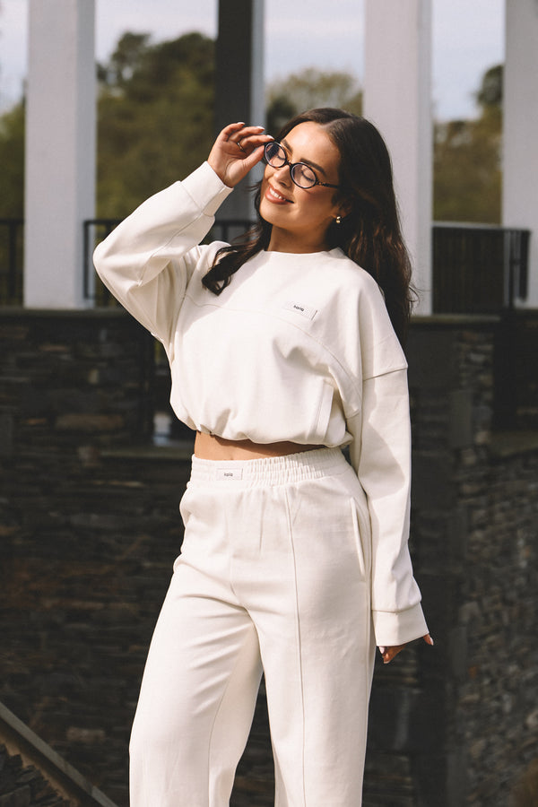 Kaiia Label Logo Premium Interlock Drawcord Sweatshirt Cream