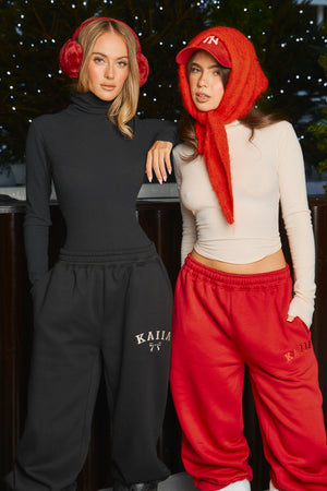 Kaiia Bow Embroidered Ribbed Waistband Wide Leg Joggers Black & Silver