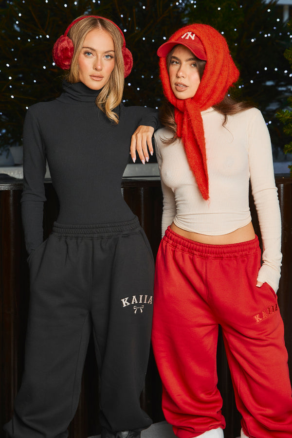 Kaiia Bow Embroidered Ribbed Waistband Wide Leg Joggers Black & Silver