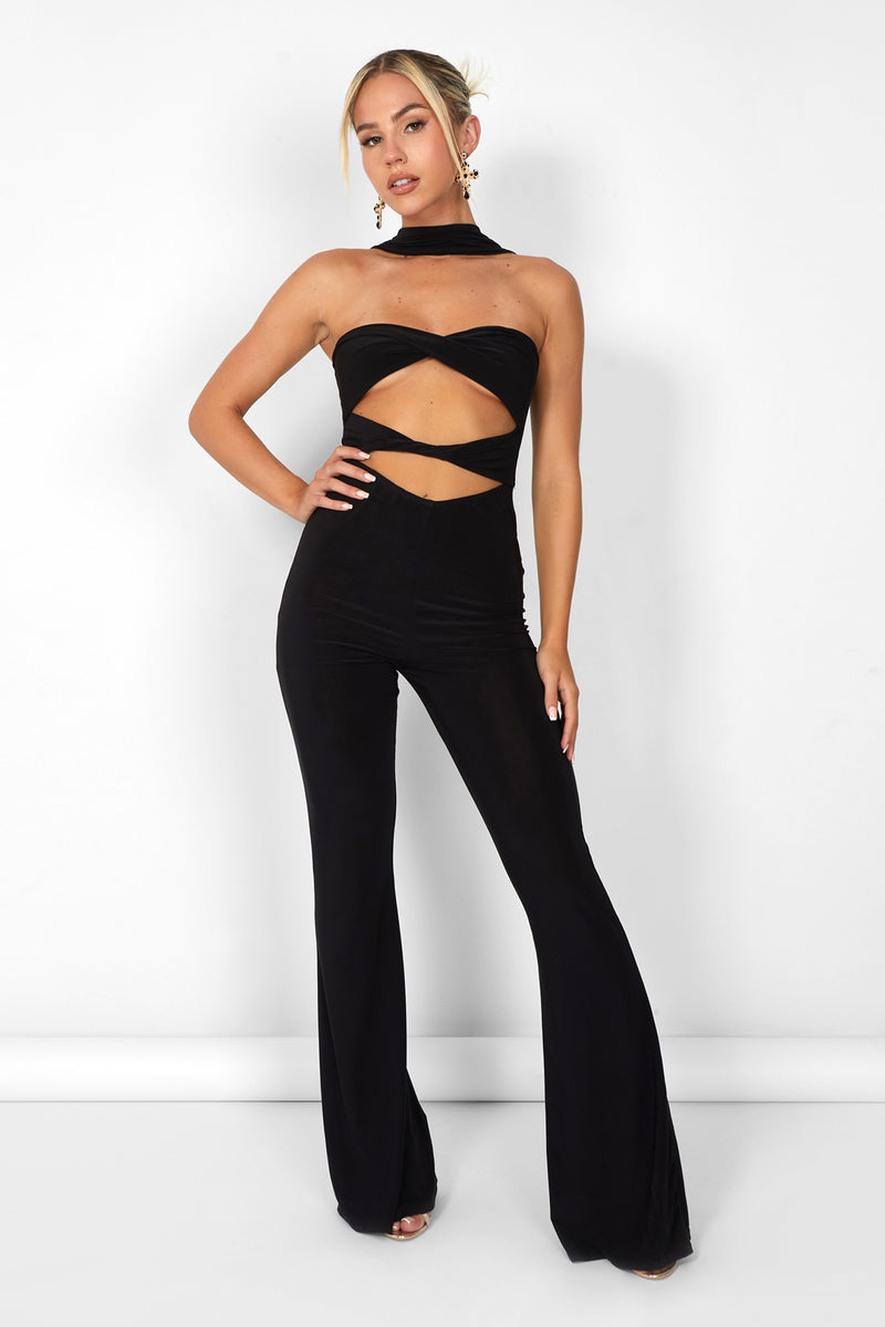 Kaiia Slinky Choker Cut Out Jumpsuit in Black