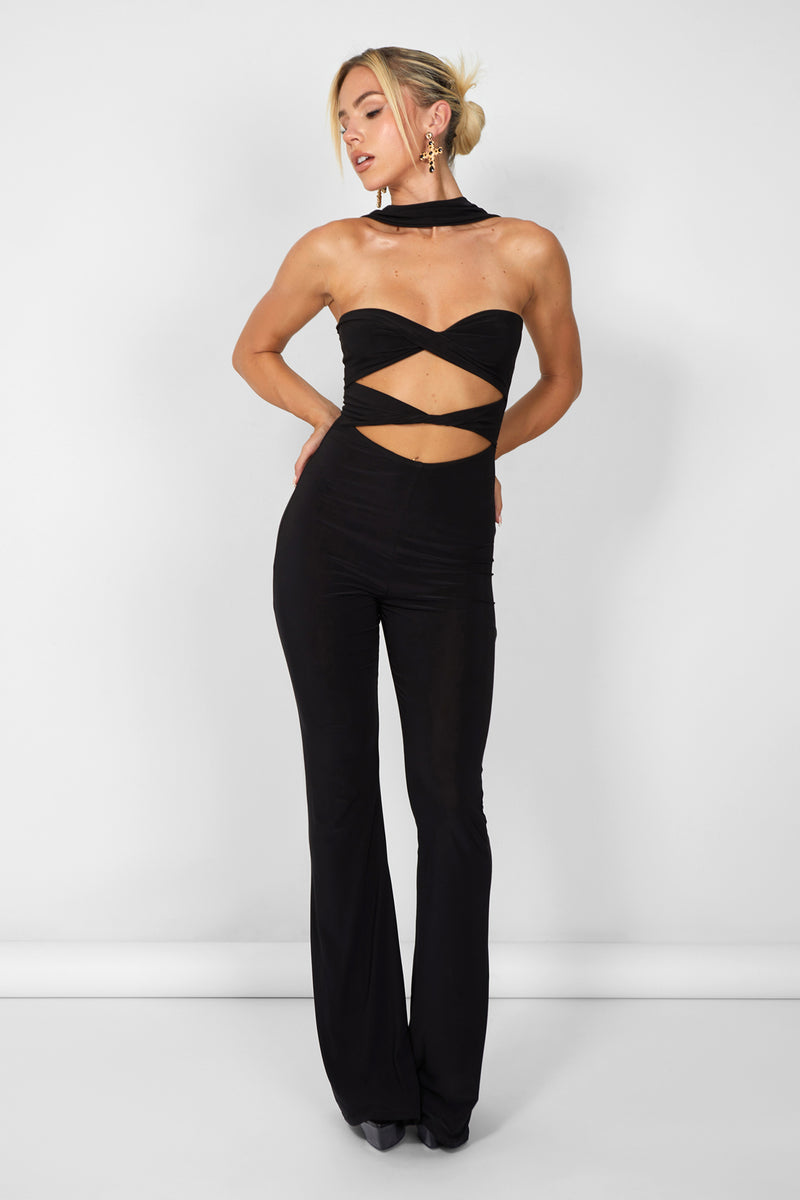 Kaiia Slinky Choker Cut Out Jumpsuit in Black