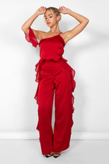 Kaiia Chiffon Ruffle Wide Leg Trouser in Red