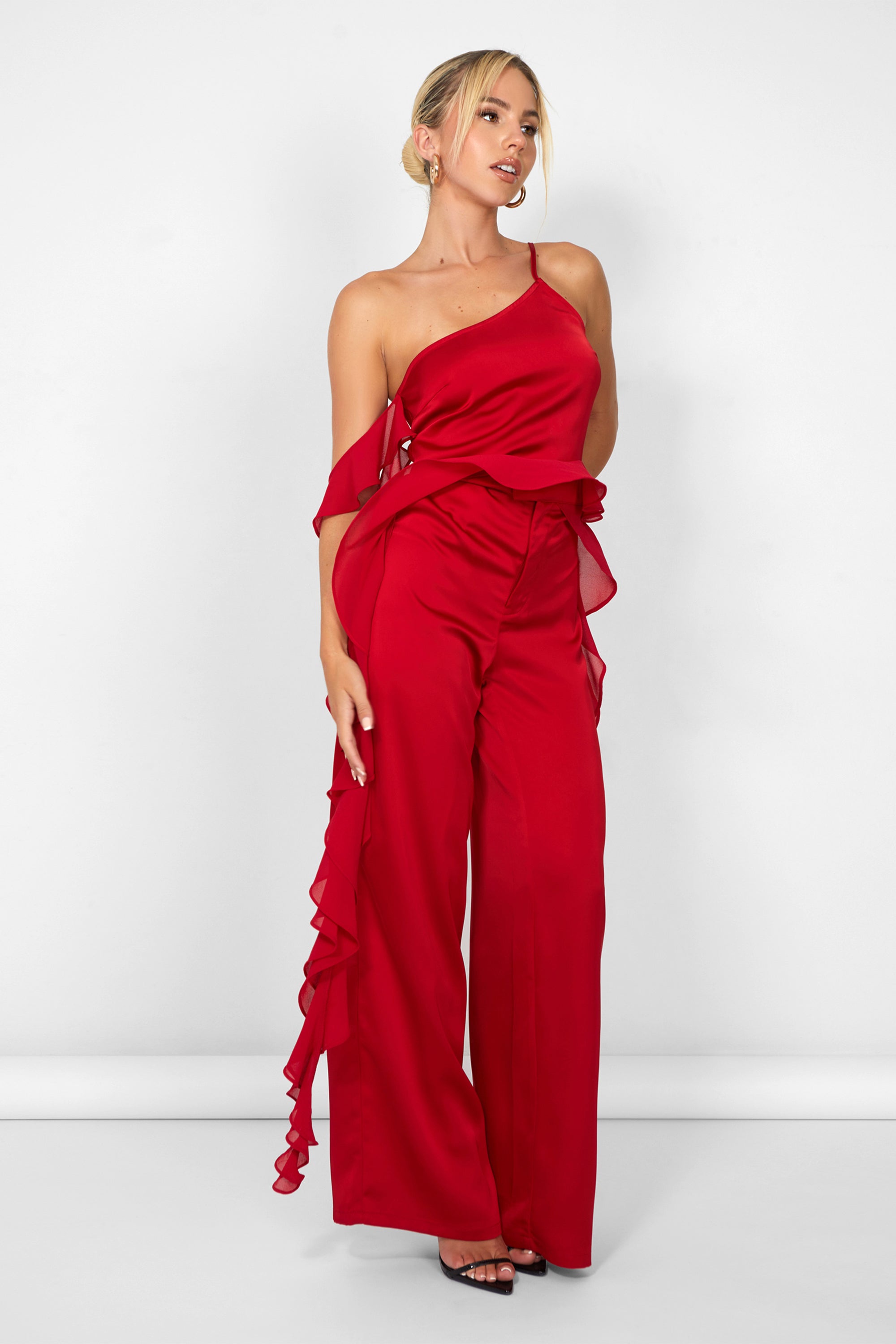 Kaiia Chiffon Ruffle Wide Leg Trouser in Red