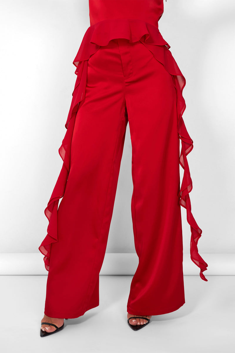 Kaiia Chiffon Ruffle Wide Leg Trouser in Red