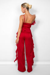 Kaiia Chiffon Ruffle Wide Leg Trouser in Red